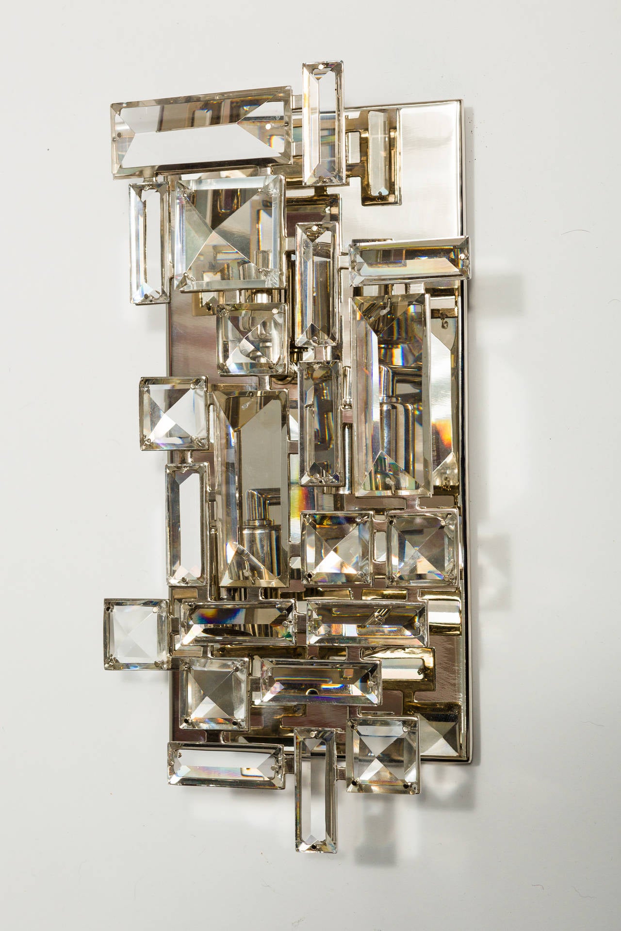 Mid-Century Modern Nickel Plated and Hand Cut Crystal Sconces For Sale