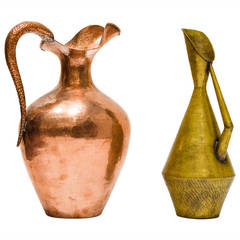 Retro Pair of Hammered Brass and Cooper Pitcher by Egidio Casagrande