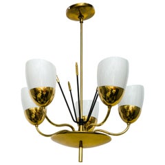 Vintage Brass and Glass Five-Arm Chandelier