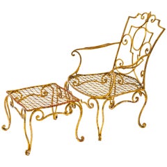 1940s Jean-Charles Moreux Gilt Iron Chair and Ottoman