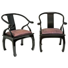 Pair of Black Lacquered Asian Modern Lounge Chairs