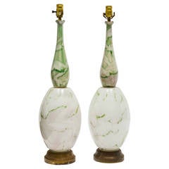 Pair of Green and White Glass Table Lamps 8