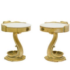 Pair of 1940s Hollywood Regency Wood and Marble-Top Shell End Tables