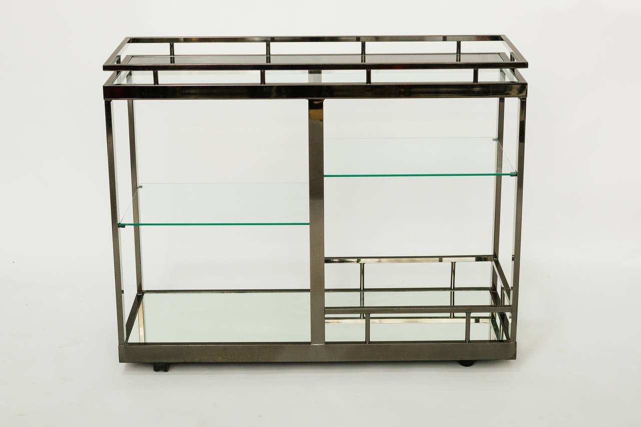 Oversized Gun Metal Finish Chrome Serving Cart In Good Condition In Tarrytown, NY