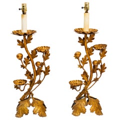 Pair of Gold Painted Floral Leaf Table Lamps