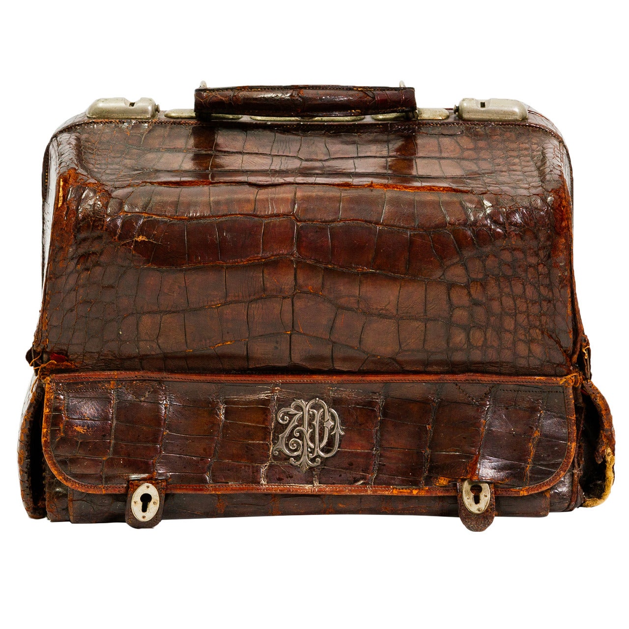 19th Century Crocodile Vanity Case with Sterling Initials For Sale