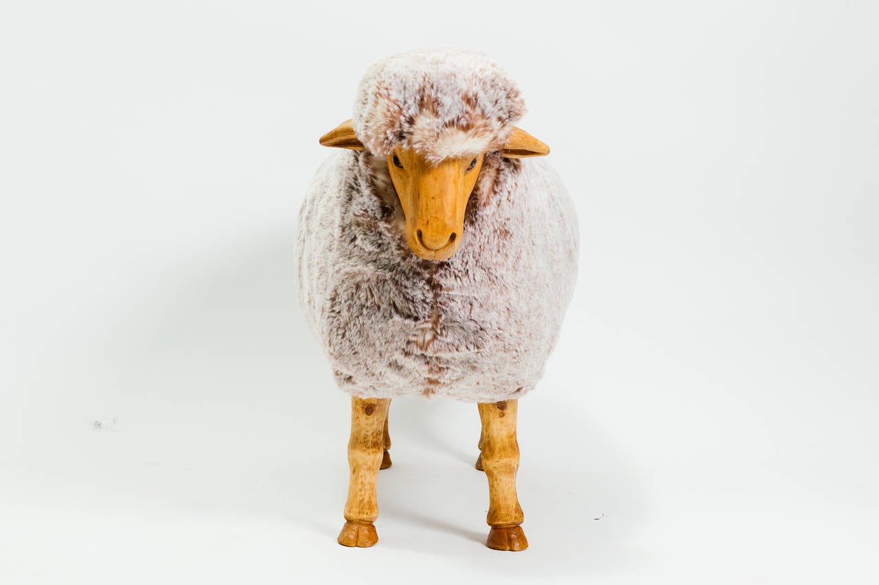Hand-Carved Natural Size Wood Sheep Stool