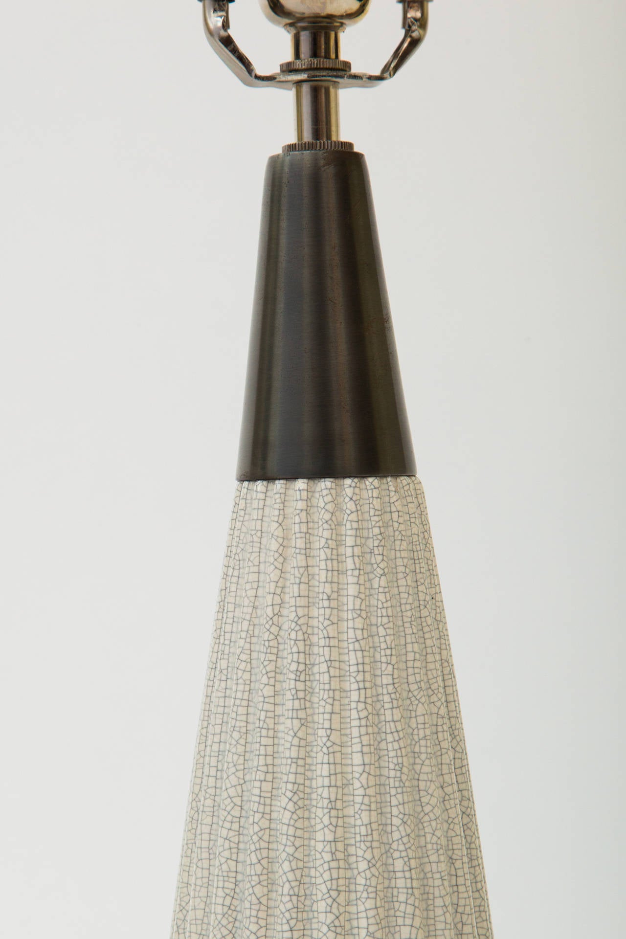 American Pair of Ribbed Ceramic and Metal Lamps