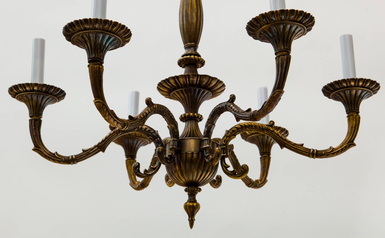 Solid bronze chandelier composed of six arms.
Professionally restored with beautiful brown patina.
Capacity: Six E12 Max. per socket 60 watts
25