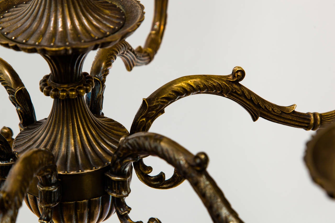 Six Arms Cast Bronze Chandelier In Excellent Condition For Sale In Tarrytown, NY
