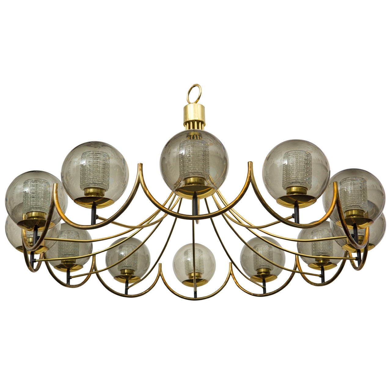 Monumental Brass and Smoked Glass Globes Chandelier by Lightolier