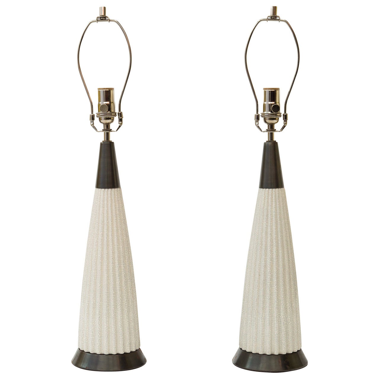 Pair of Ribbed Ceramic and Metal Lamps