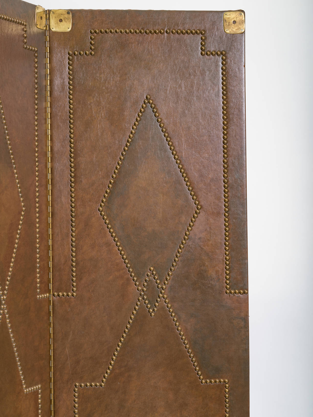 Leather and Brass Nail Head Screen In Good Condition In Tarrytown, NY