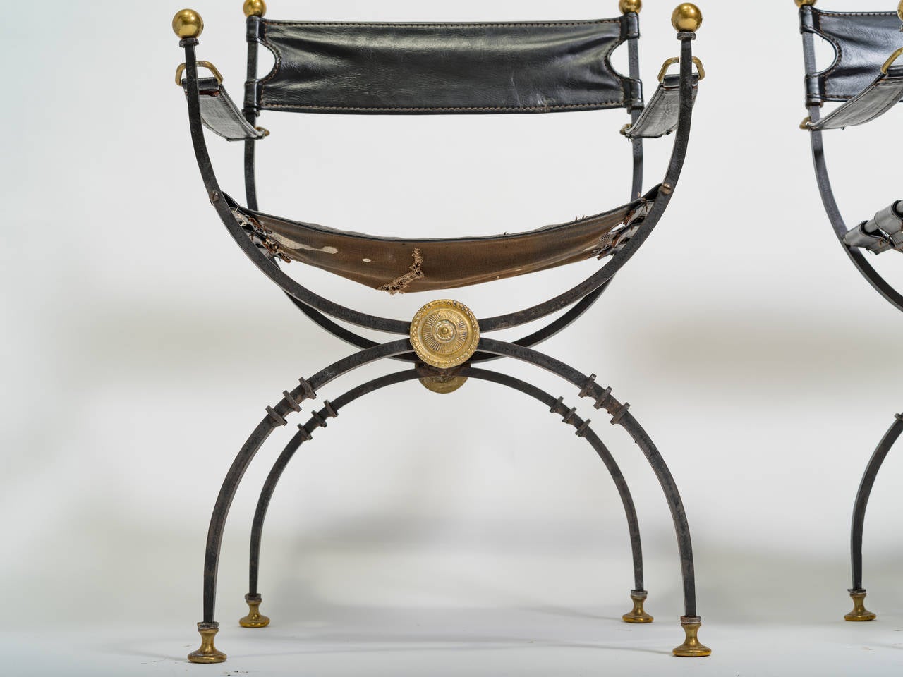 Mid-20th Century Pair of Iron and Brass Savonarola Chairs