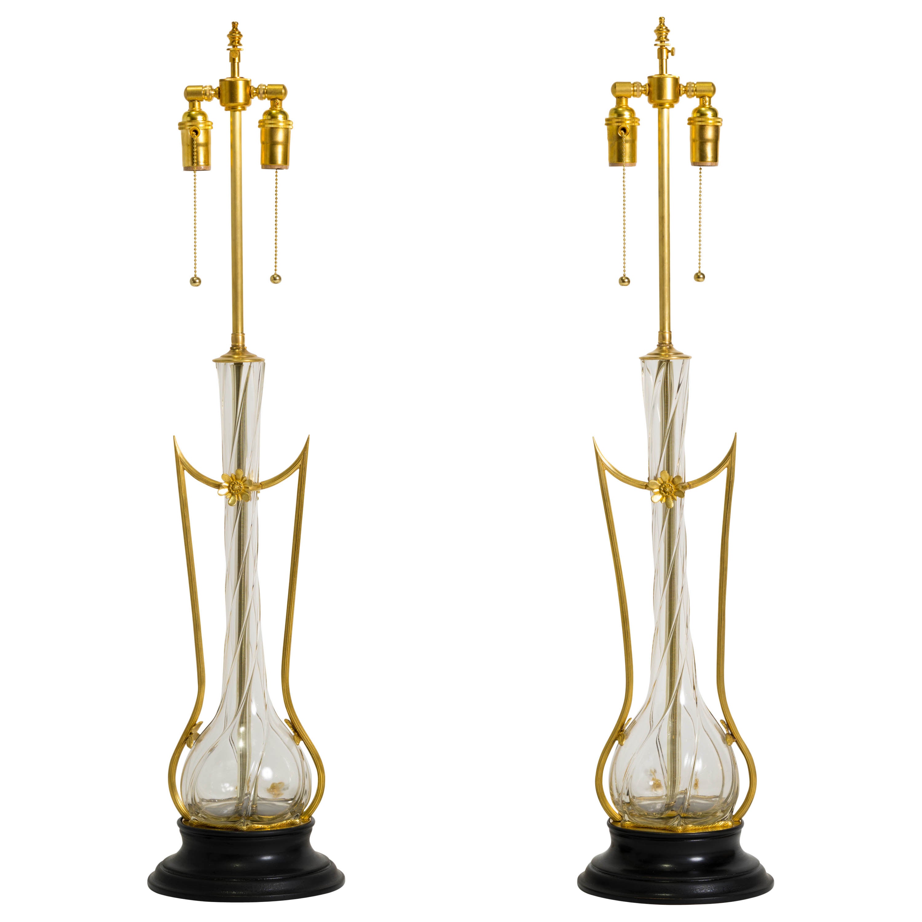 Art Nouveau Brass and Art Glass Lamps For Sale