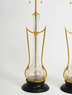 Art Nouveau Brass and Art Glass Lamps