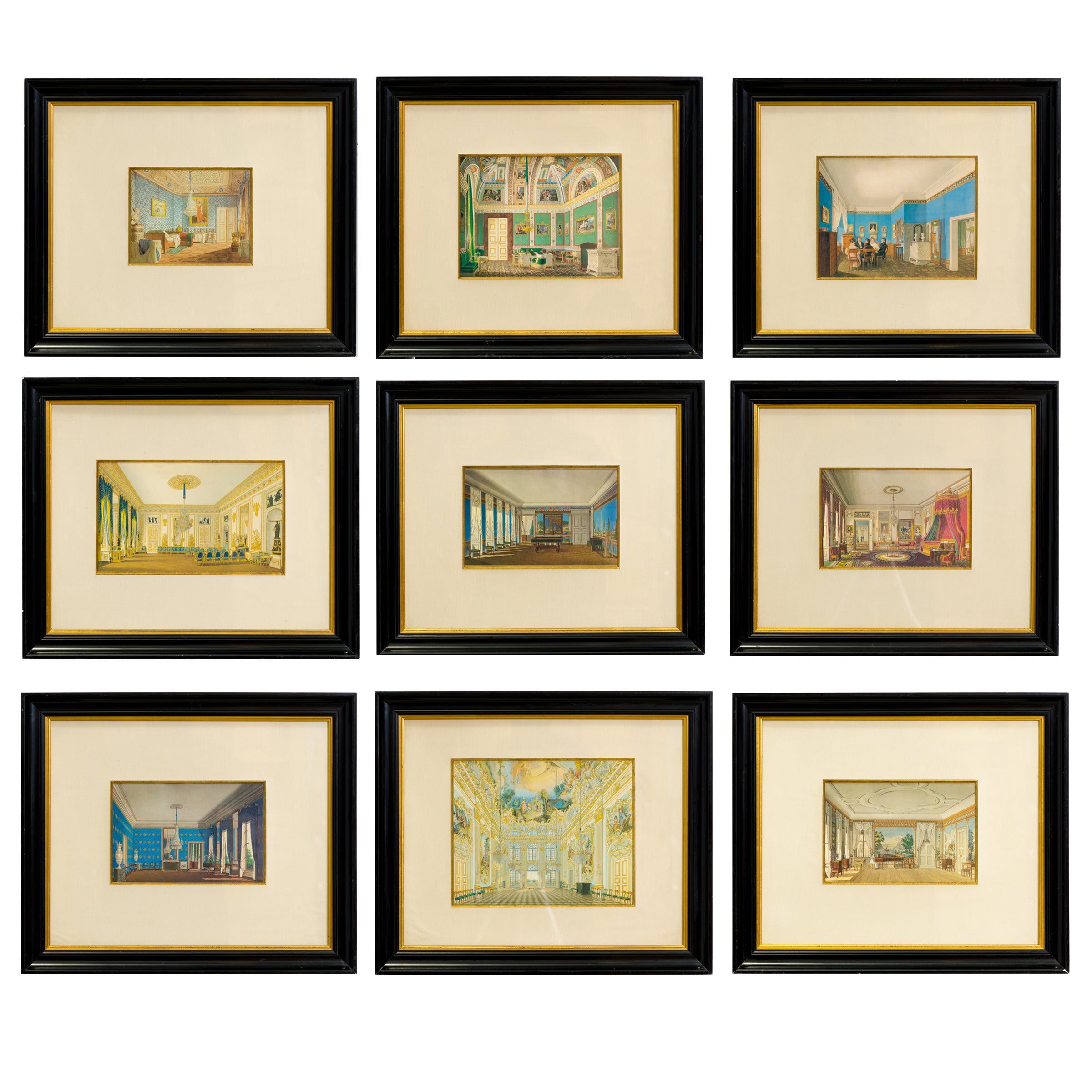 Set of Nine 19th Century Framed Interior Scenes