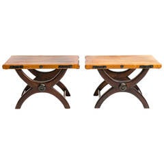 Pair of Spanish Style Leather-Top Stools