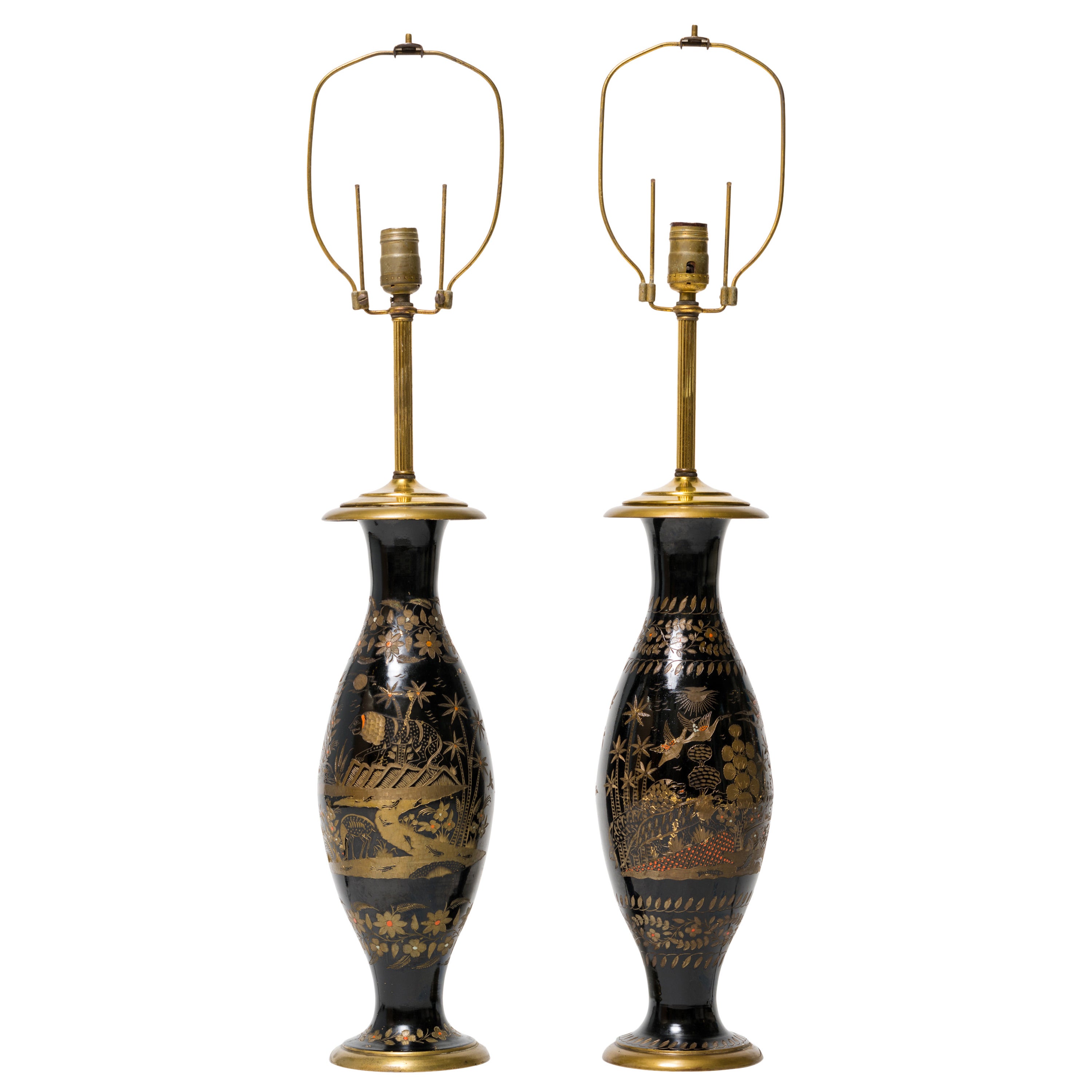Pair of Brass Etched Asian Motif Table Lamps
