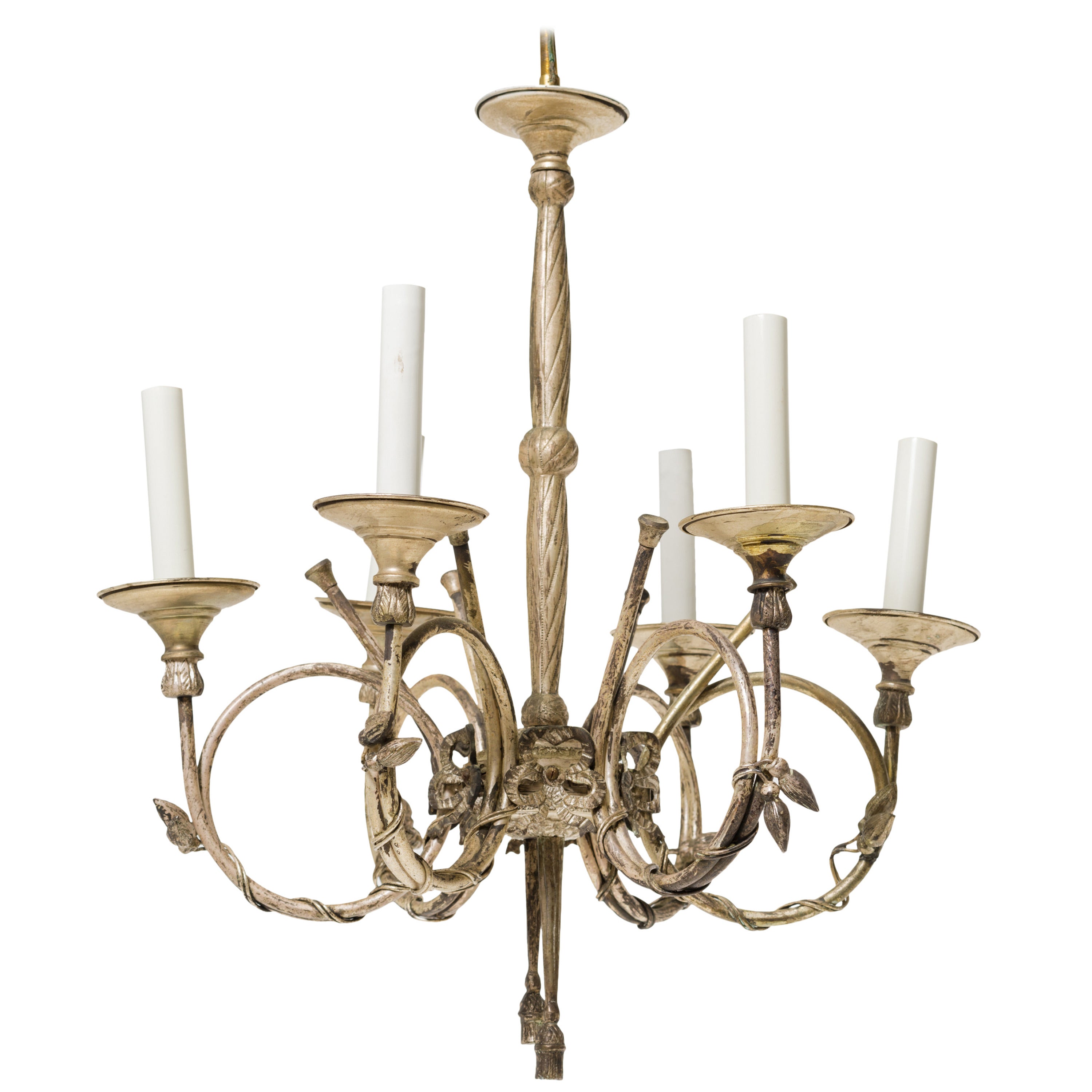 French Style Silvered Chandelier with French Horns For Sale