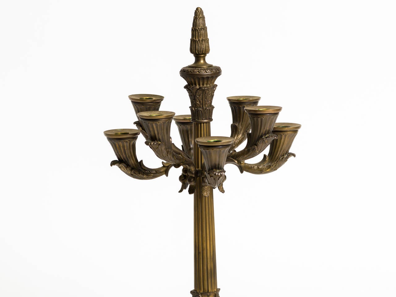 A pair of large French eight-branch candelabrum in browned bronze on a marble base,
France, circa 1960s.