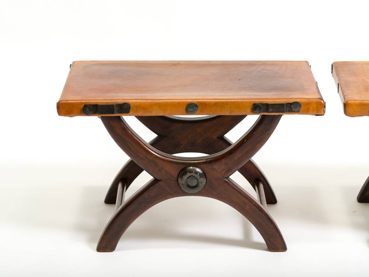 Spanish Colonial Pair of Spanish Style Leather-Top Stools