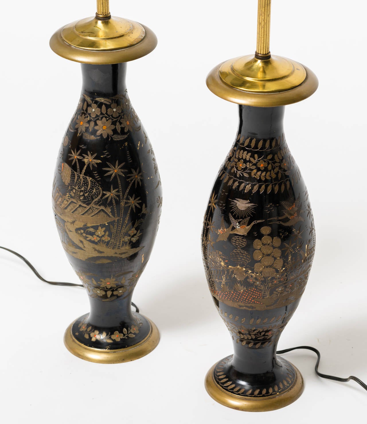 Pair of Brass Etched Asian Motif Table Lamps In Good Condition In Tarrytown, NY