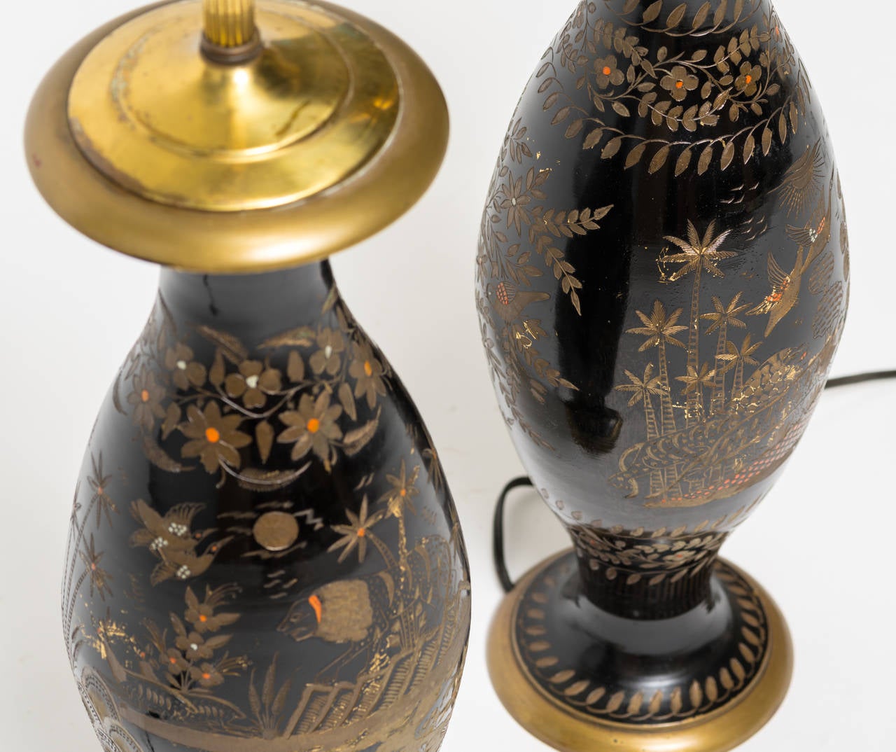 Mid-20th Century Pair of Brass Etched Asian Motif Table Lamps