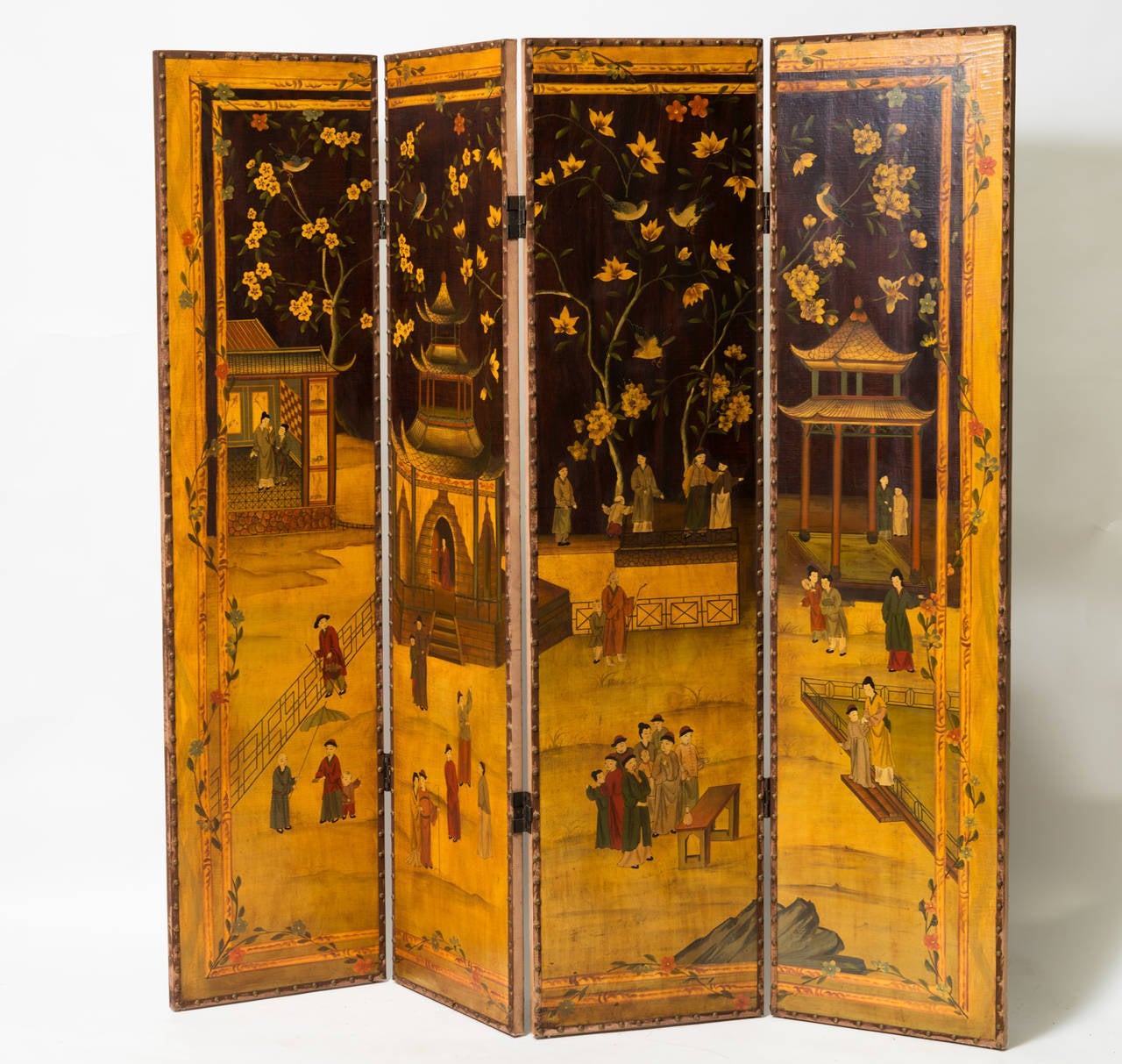Nice hand-painted Asian scene four-panel room divider. Painted front with plan paint back.