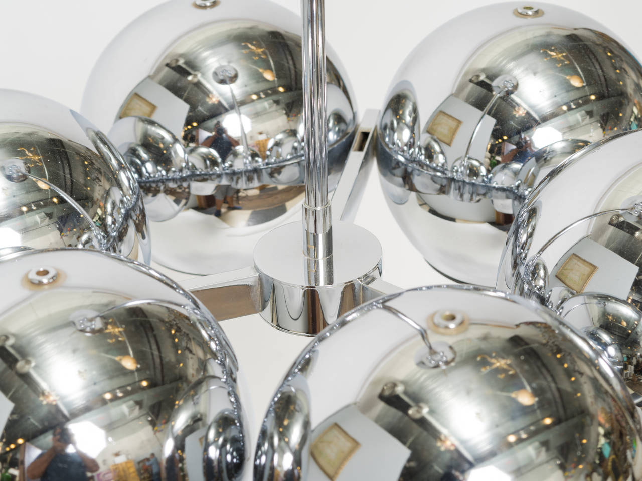 American Circular Chrome Chandelier with Six Globular Shades For Sale