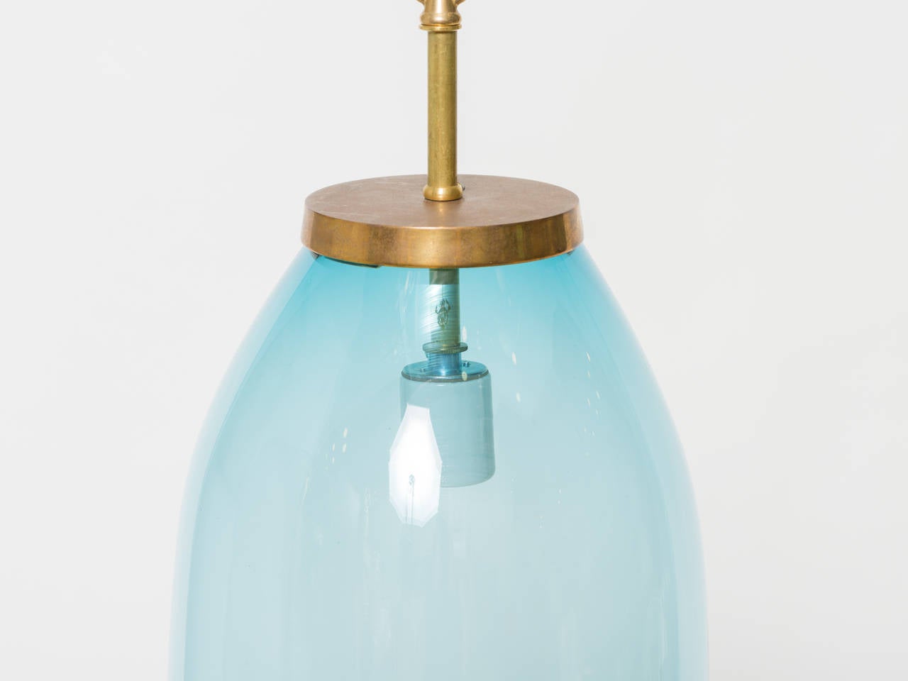 Large art blown glass fixture.
Solid brass hardware. Unlacquered.
Height to brass hardware (without chain and canopy): 18