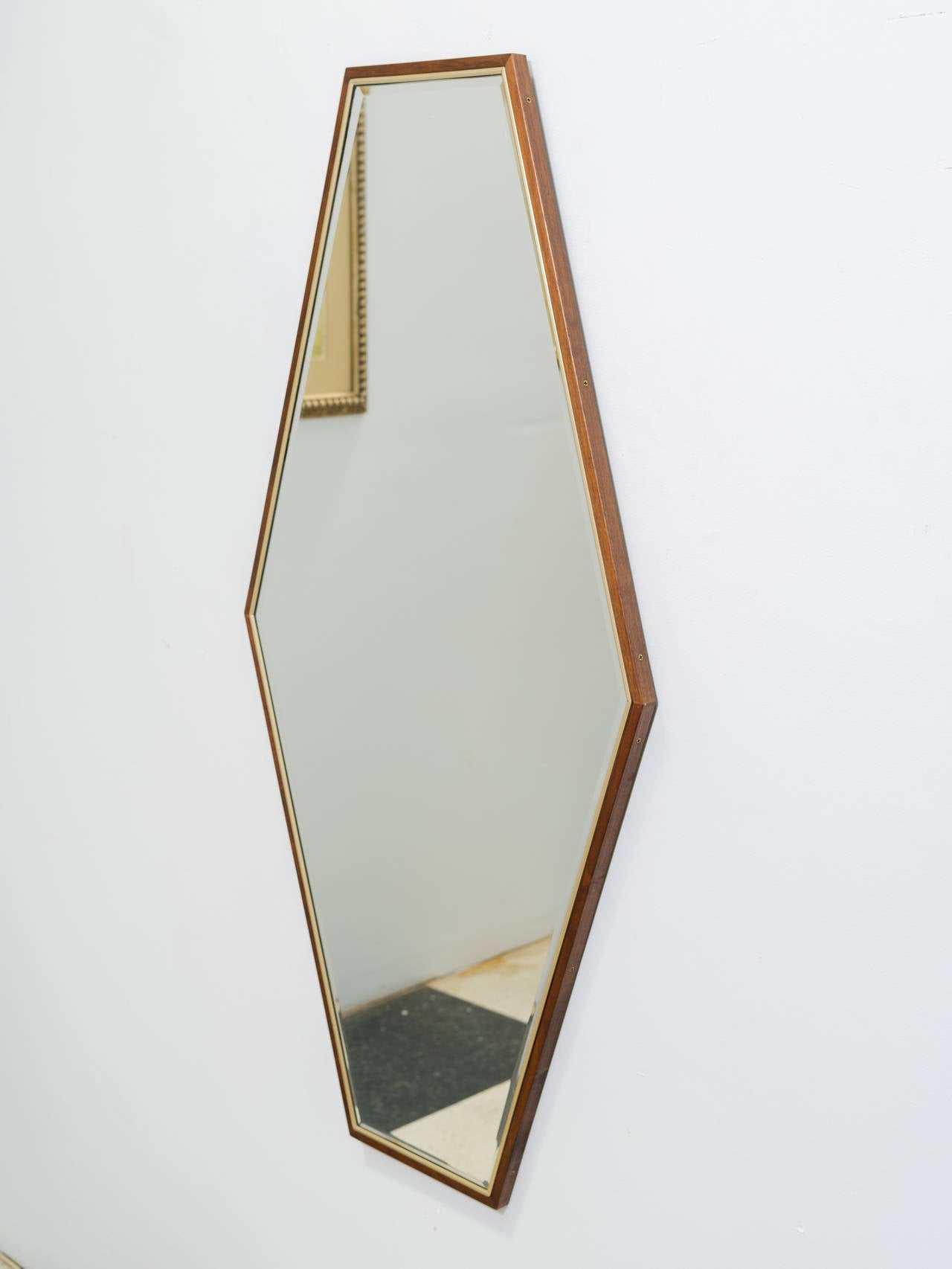 Hexagonal Teak and Brass Wall Mirror
