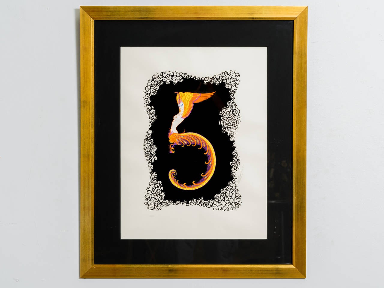 The Number 5
Featuring  a central embossed, winged female figure. Signed at right and numbered"7/350" bottom left pencil. Framed under glass.
Sight: 22"H x 16 3/4"W 
Frame: 31 1/4"H x 26"W
