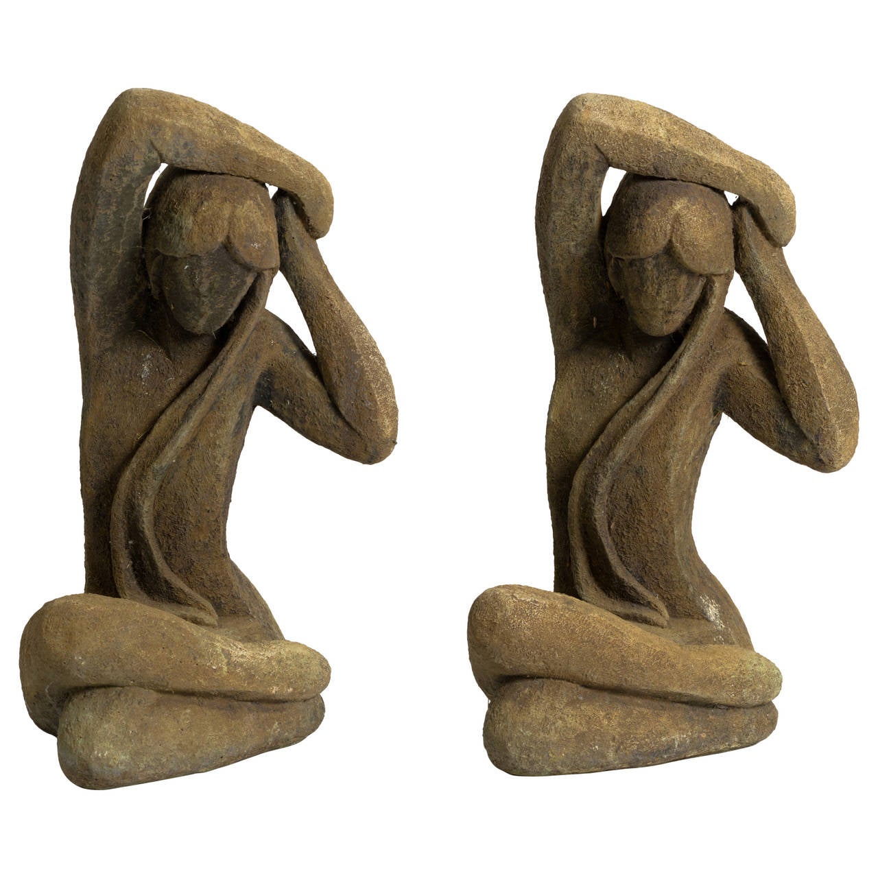Pair of Vintage Cement Garden Statues of Ladies For Sale at 1stdibs