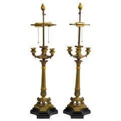 Pair of French Empire Bronze Candelabra Lamps