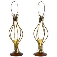Pair of Oversized Midcentury Tall Brass Lamps