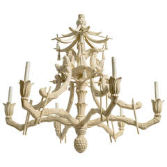 Asian Modern Carved Wood Pagoda Chandelier