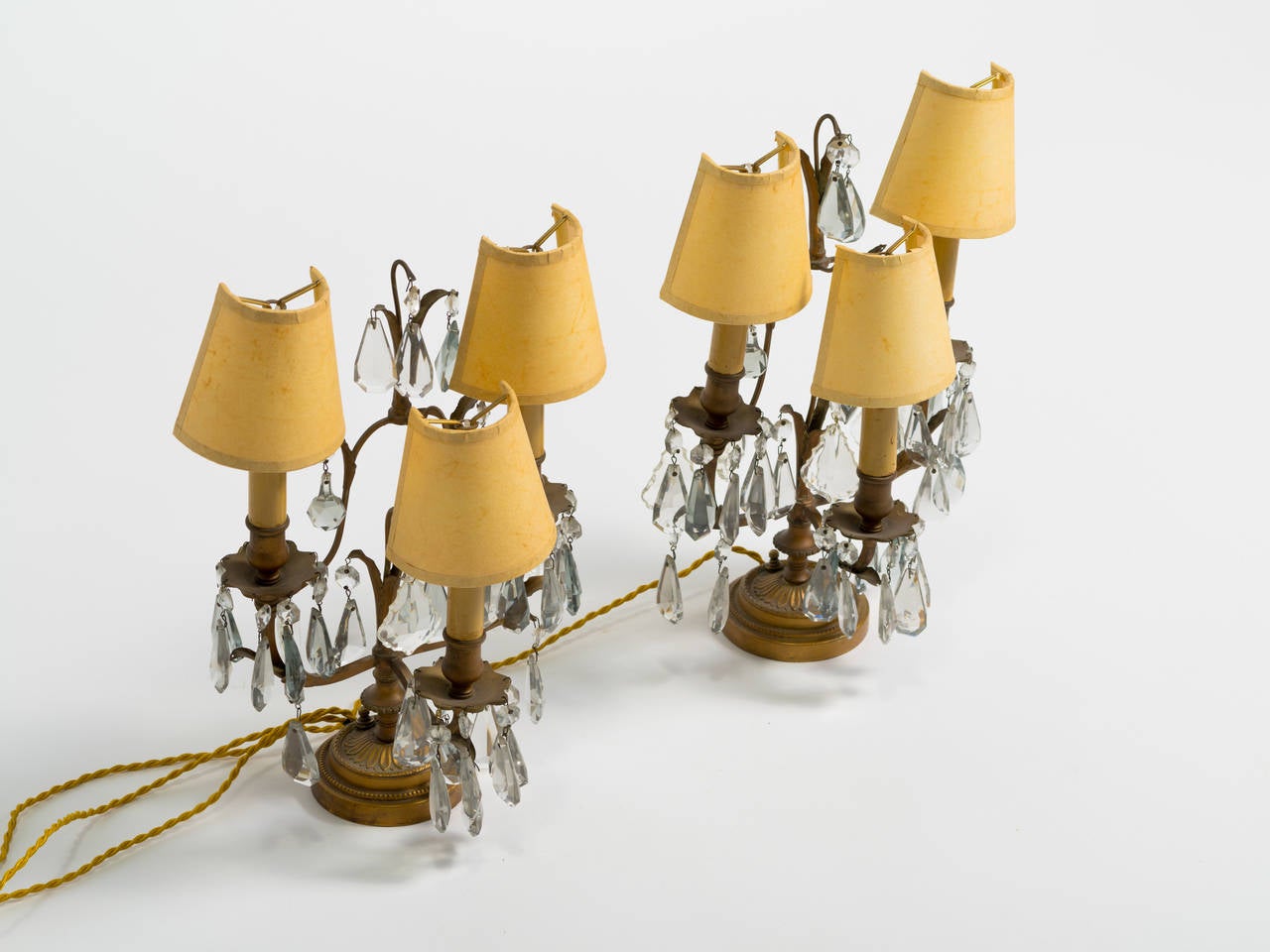 Mid-20th Century Pair of French Bronze and Crystal Candelabra Lamps