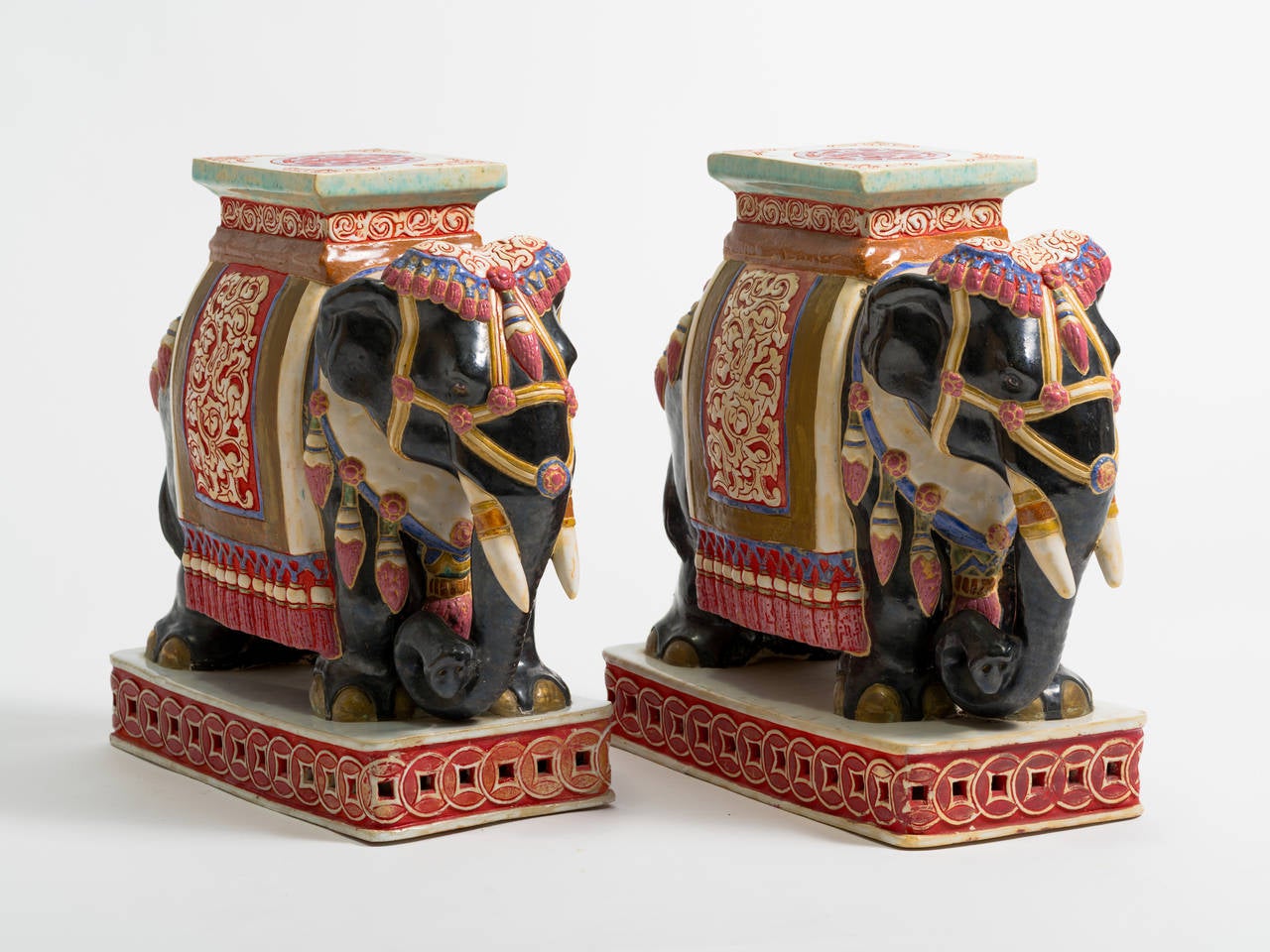 Pair of ceramic elephant garden seats, hand painted.