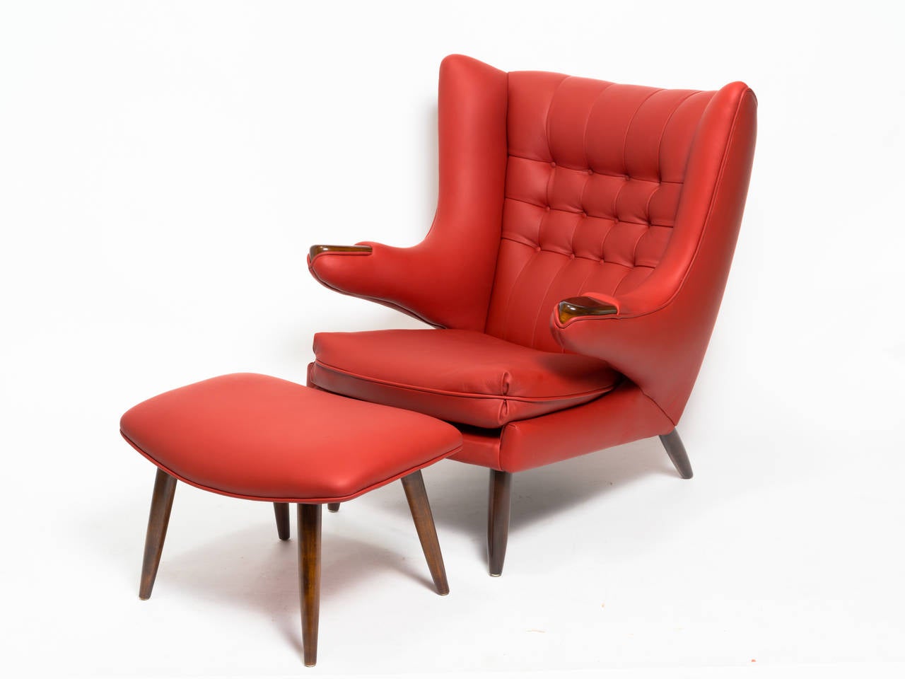 New reproduction of the Papa Bear chair upholstered in red leather made by master upholsterer. There is only one available.