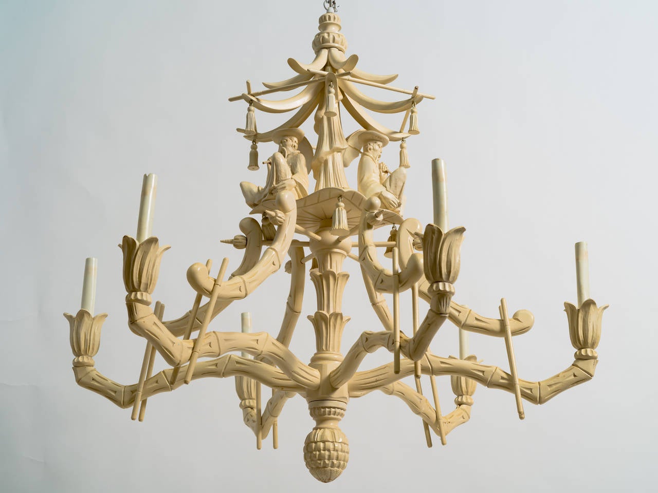 Asian modern carved wood pagoda chandelier. It has 6 lights.