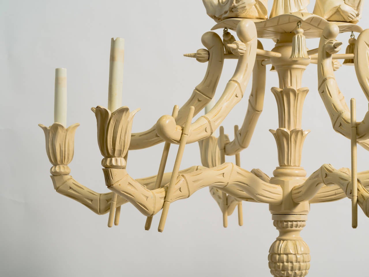 Asian Modern Carved Wood Pagoda Chandelier In Good Condition In Tarrytown, NY