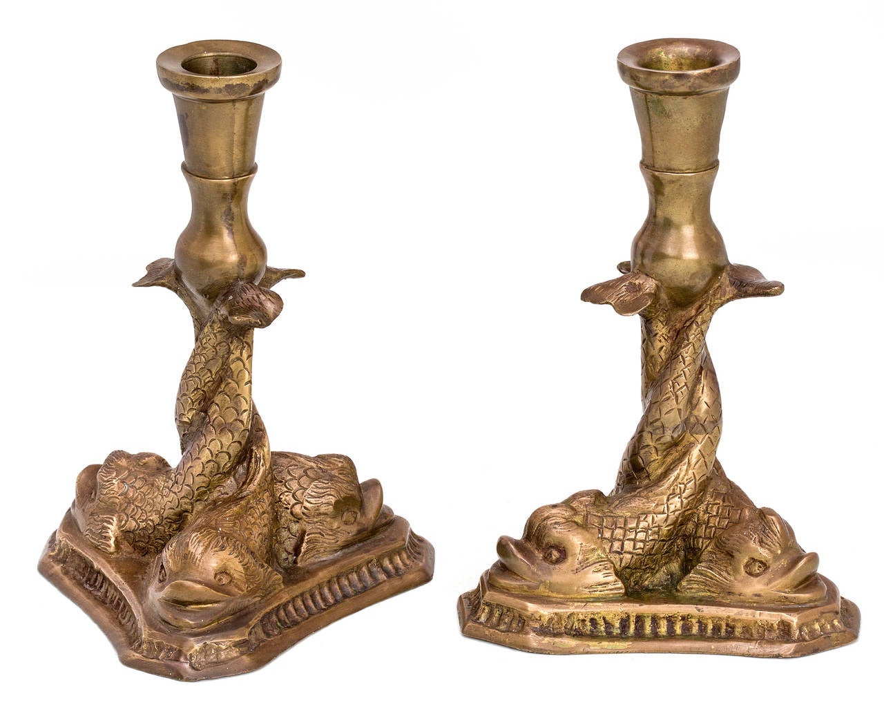 Charming pair of Three Dolphins swirling around holding up candlelight with their tails.  Beautiful cast bronze from 1930s.