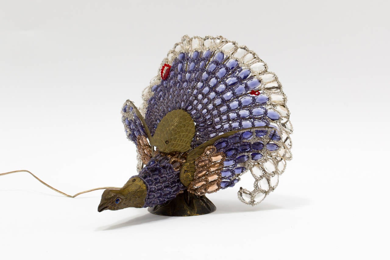 1920s rare bronze and crystal beaded peacock lamp.