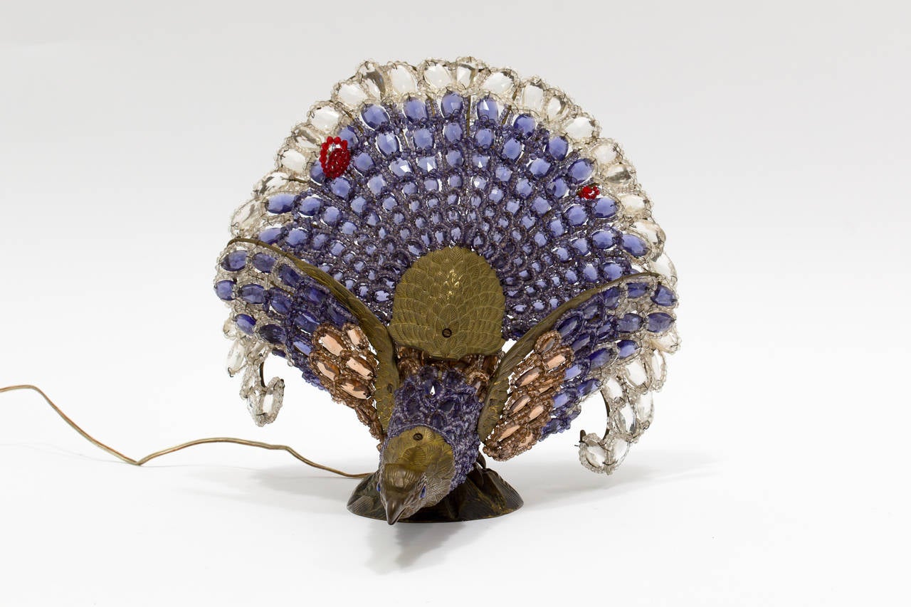 Czech Bronze and Crystal Peacock Lamp In Excellent Condition In Tarrytown, NY