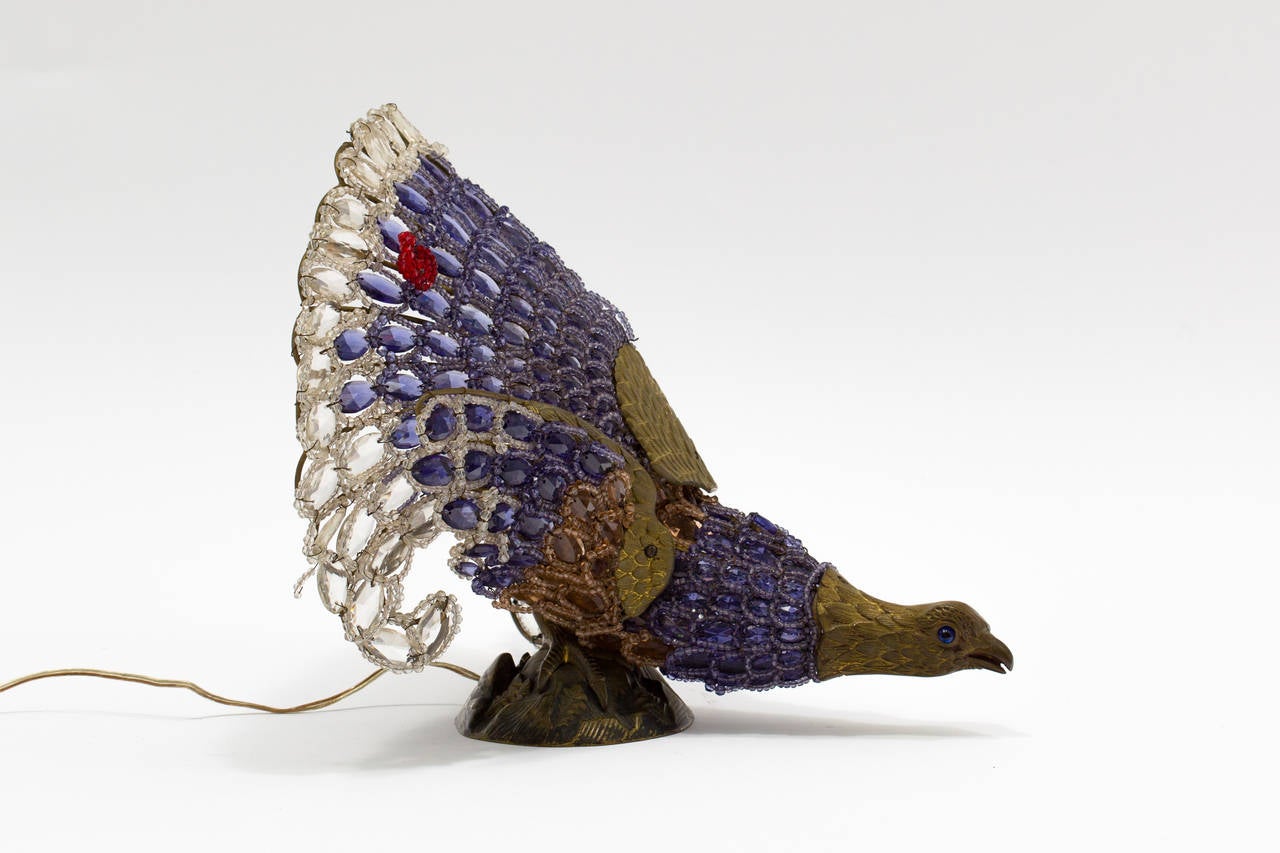Early 20th Century Czech Bronze and Crystal Peacock Lamp