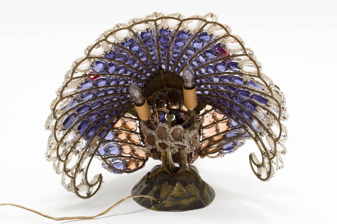 Czech Bronze and Crystal Peacock Lamp 5