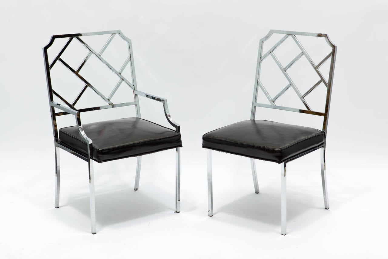 Six chrome lattice back super chic Milo Baughman dining chairs. Two-arm and four sides chairs.
