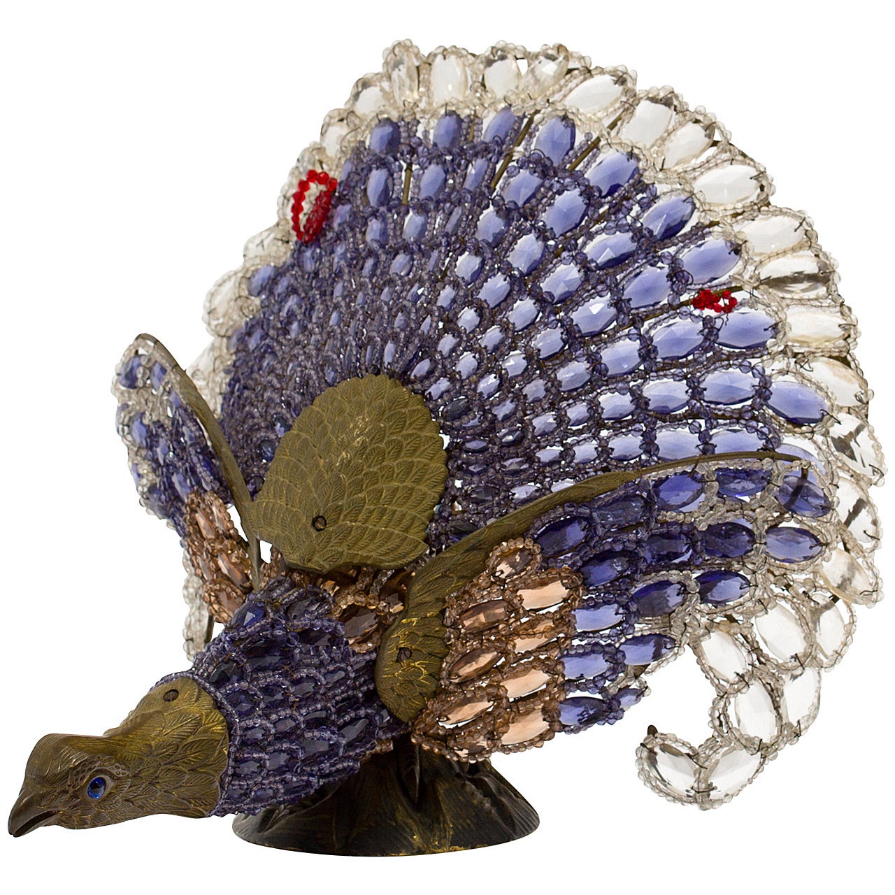 Czech Bronze and Crystal Peacock Lamp