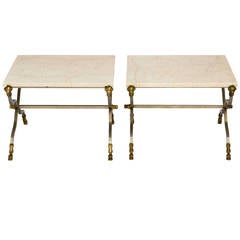 Pair of Brushed Steel and Brass Marble Top Ram Head Side Tables